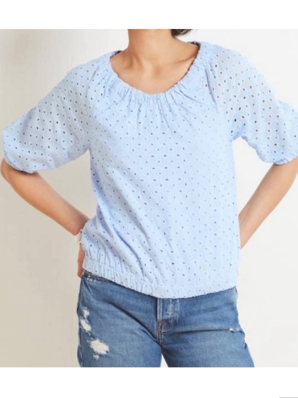 Evereve Light Blue Eyelet Puff-Sleeve Cotton Top